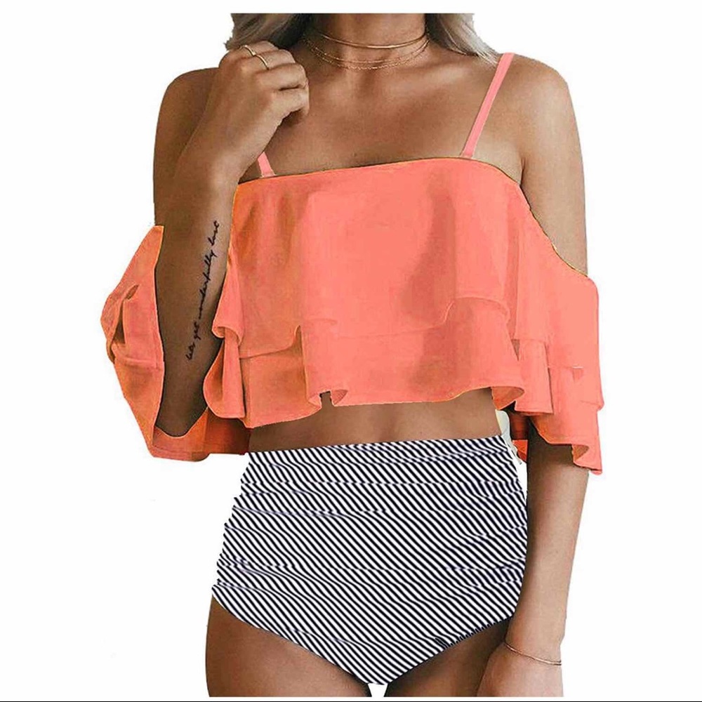 Two Piece Off Shoulder Ruffled Flounce Crop Bikini